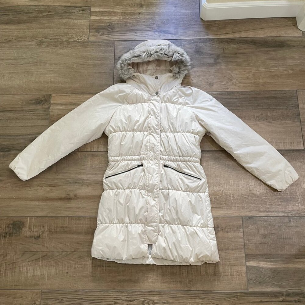 Columbia Women's Cream Puffer Coat with Faux Fur Trim